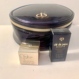 Cle de Peau royal blue cosmetic round zipper pouch with 2 samples. Brand NEW.